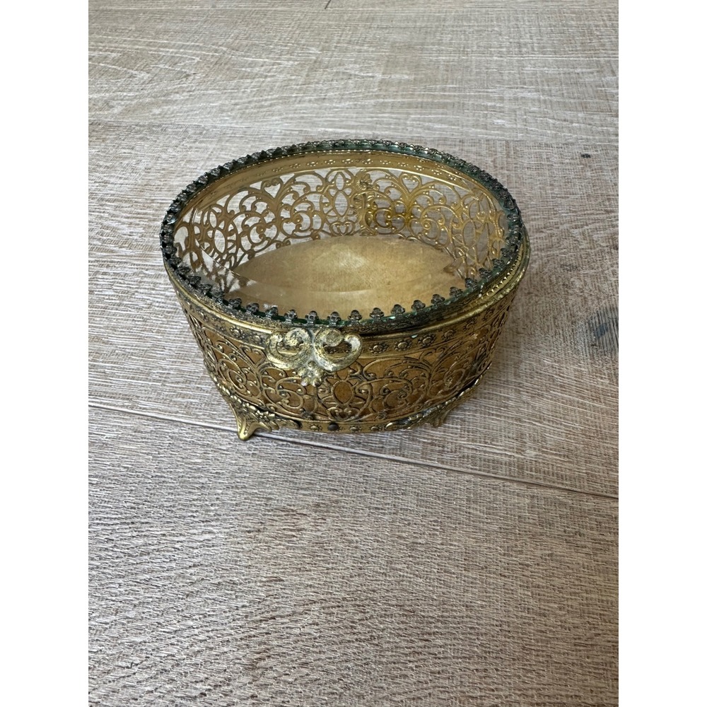 Vintage Ormolu Filigree Jewelry Box Beveled Glass Gold Tone Footed Oval Trinket